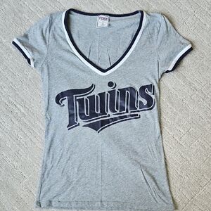 PINK Victoria's Secret Blue and Gray Fitted TWINS T-Shirt